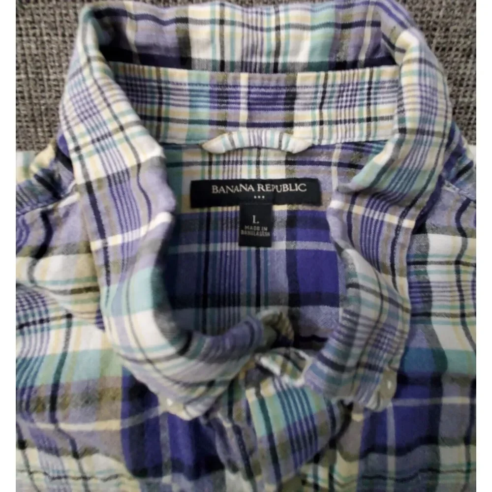 Banana Republic Men's Linen Cotton Blue Green Yellow Plaid‎ Casual Shirt Size L